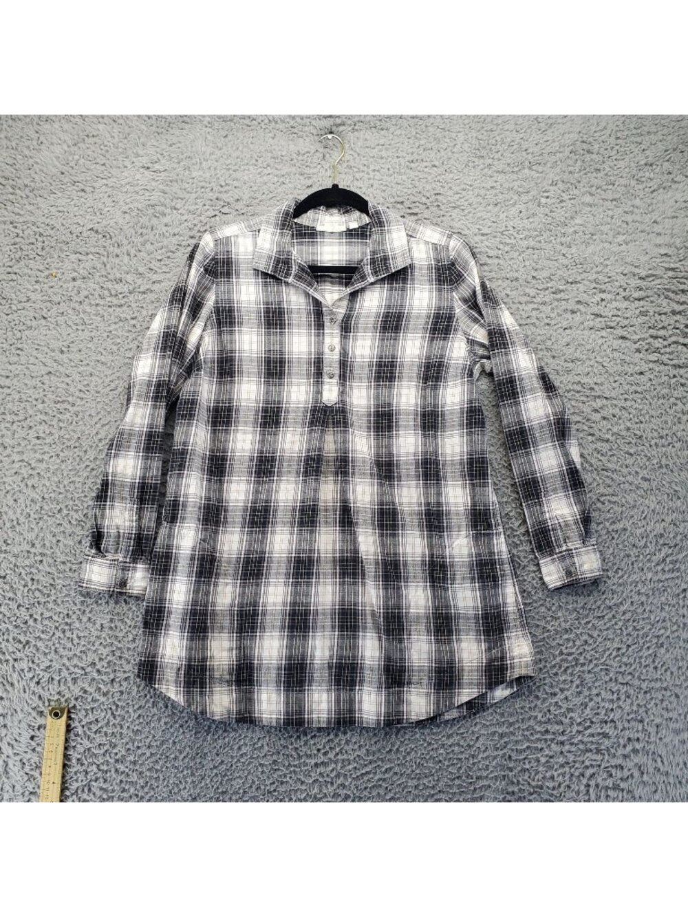 J. Jill Shirt Womens Medium Black White Plaid Button Henley Long Sleeve Cotton